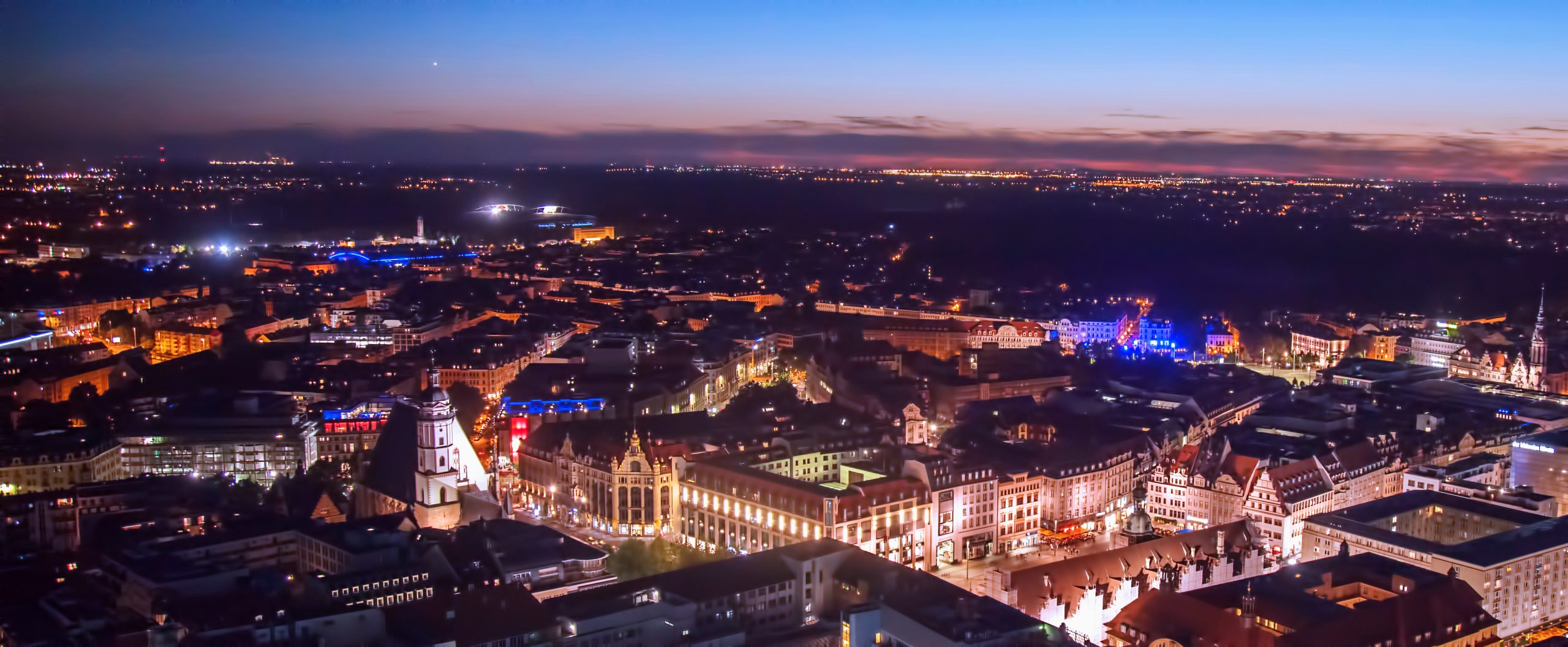 Night panorama of Saxony Germany City Leipzig. Top view. Horizontal image.